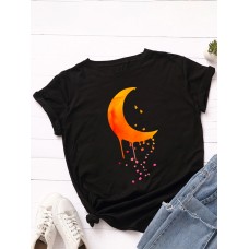 Women Moon Graphics Round Neck Casual Short Sleeve T  Shirts
