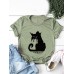 Women Cartoon Cat Letter Printed O  Neck Casual Short Sleeve T  Shirts